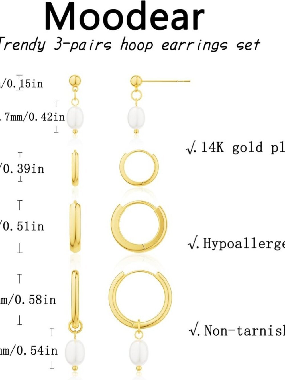 Women's 4 Pearl Earring Set 14k Gold Plated Jewelry Gold Hoop Earrings - Picture 5 of 6
